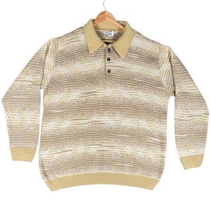 Vintage BERGATI SZ XXL Coogi Style 3D Knit Polo Sweater Bill Cosby Retro 90s Tan
